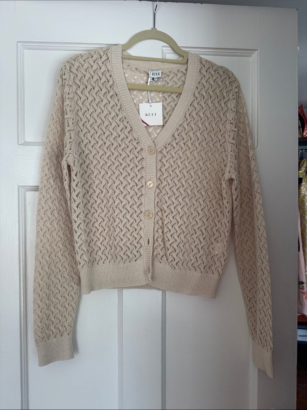 KULE Beige Open-Knit V-Neck Button Cardigan